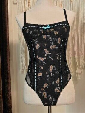 Free People Black Floral Lace Bodysuit with Blue Trim
